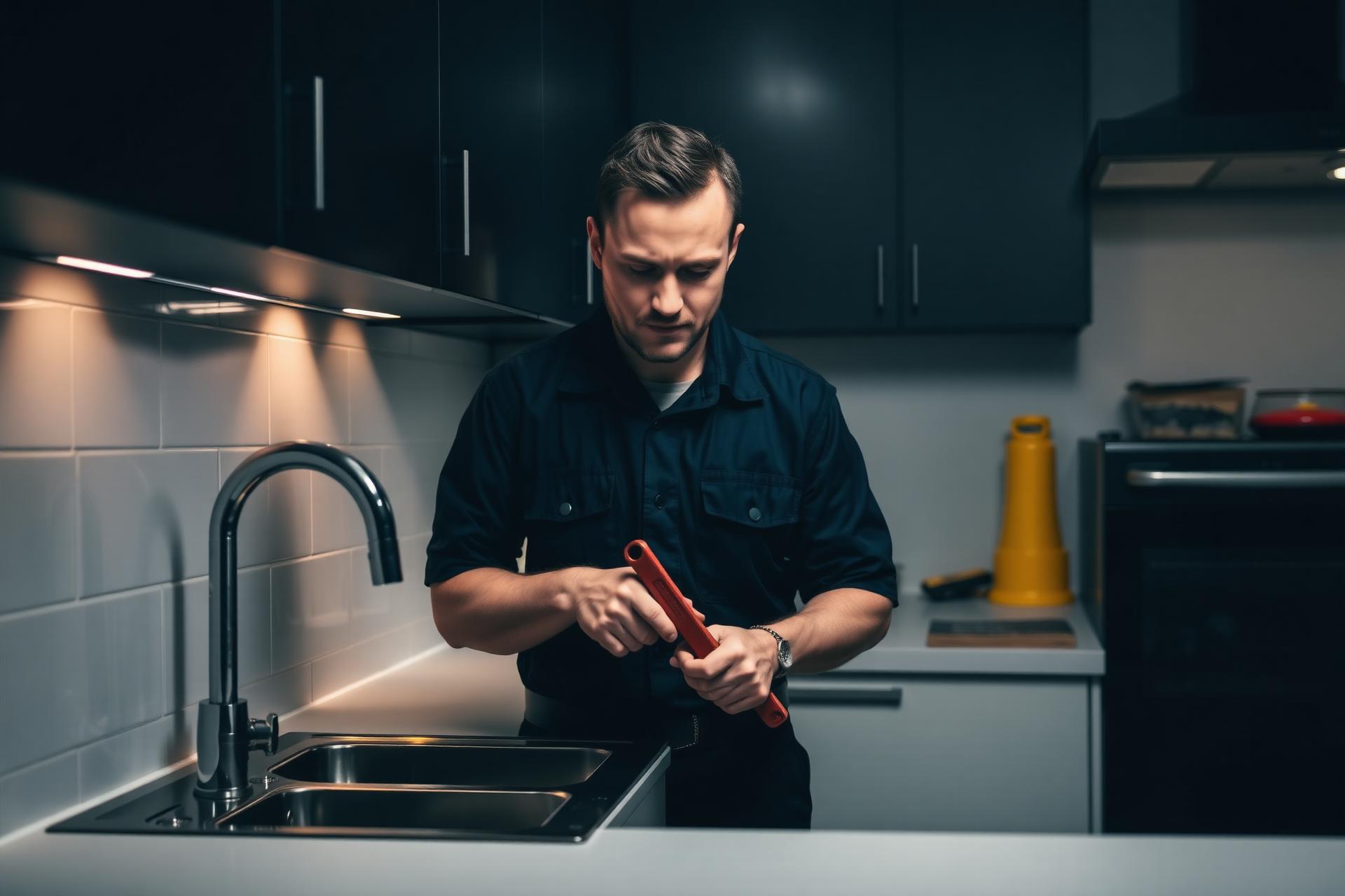 Professional plumber repairing pipes under a Dallas kitchen sink